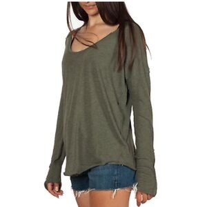 Free People Green Sienna Snap Long Sleeve Cotton T-Shirt Top Petite Small